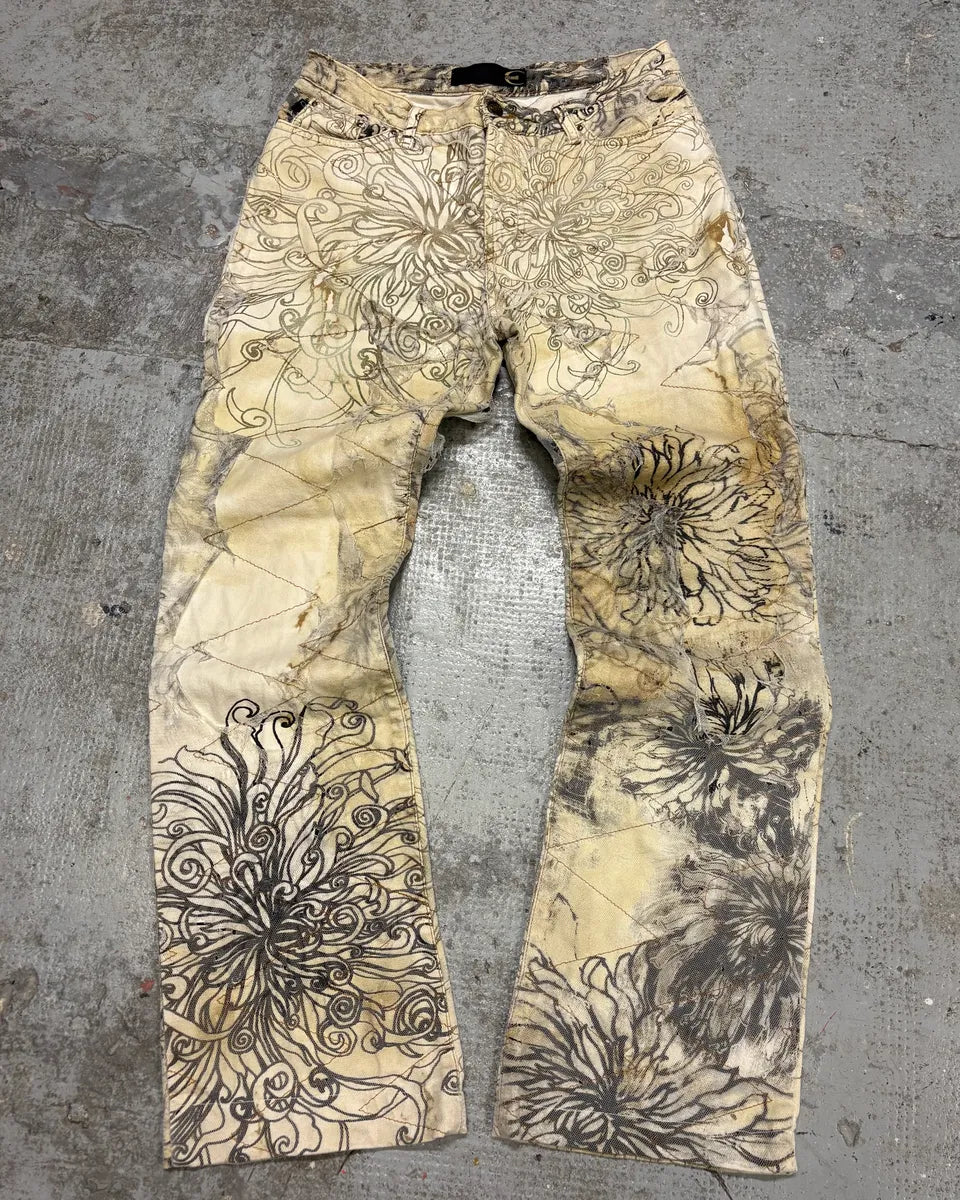 2000s Cavalli Beige Destructured Flowers Pants (S) yXUqaFR 0