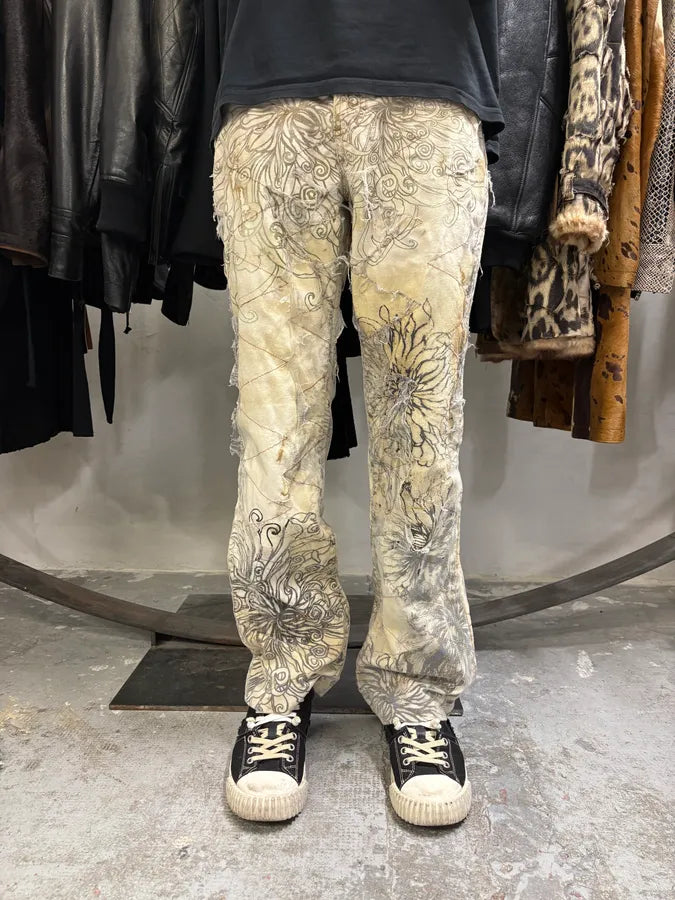 2000s Cavalli Beige Destructured Flowers Pants (S) yXUqaFR 1