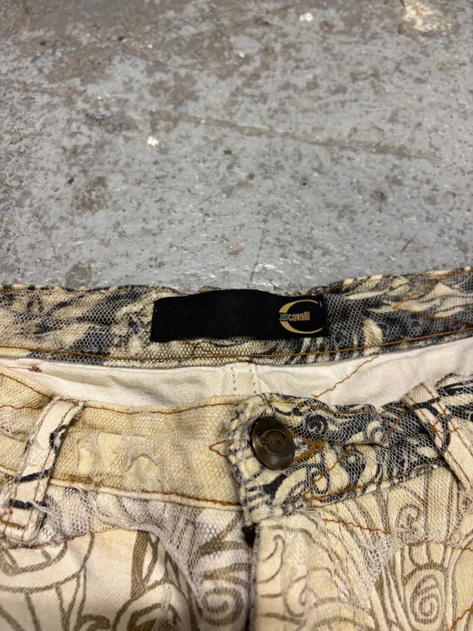 2000s Cavalli Beige Destructured Flowers Pants (S) yXUqaFR 13