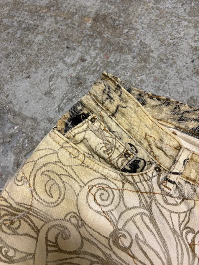 2000s Cavalli Beige Destructured Flowers Pants (S) yXUqaFR 14