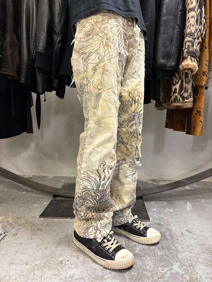 2000s Cavalli Beige Destructured Flowers Pants (S) yXUqaFR 2
