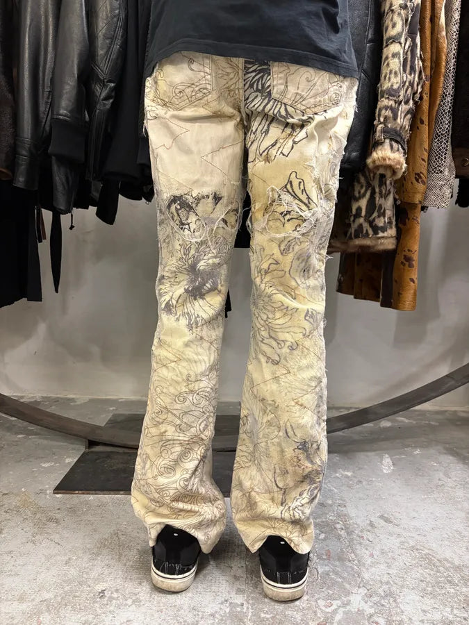 2000s Cavalli Beige Destructured Flowers Pants (S) yXUqaFR 3