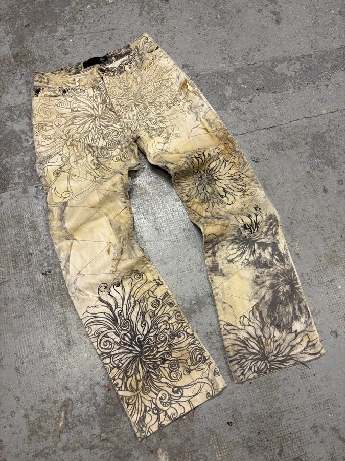 2000s Cavalli Beige Destructured Flowers Pants (S) yXUqaFR 4