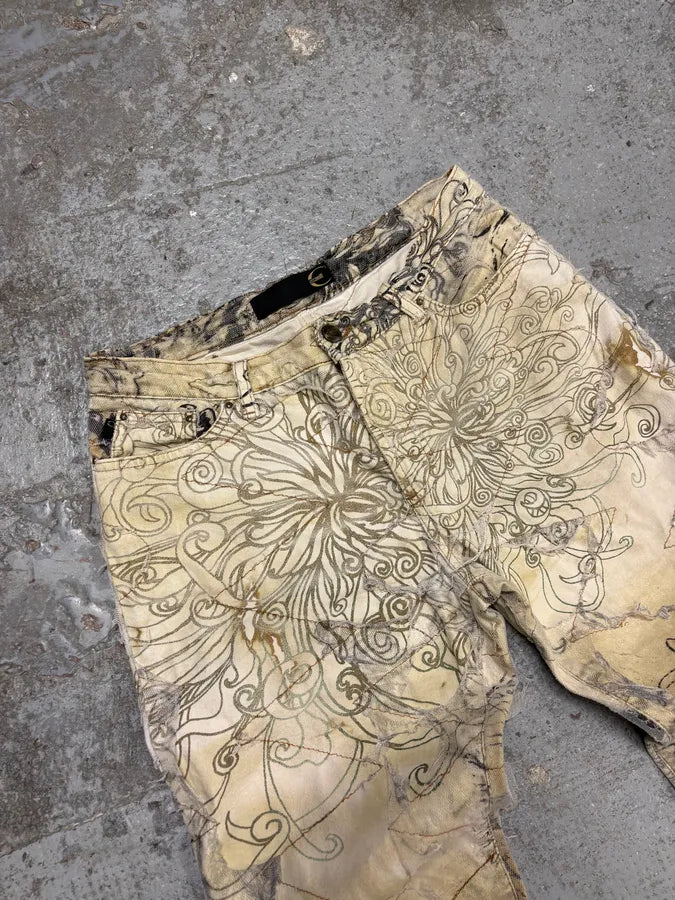 2000s Cavalli Beige Destructured Flowers Pants (S) yXUqaFR 5