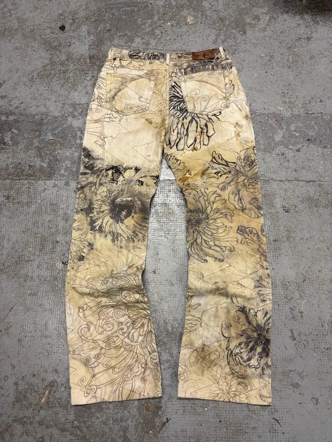 2000s Cavalli Beige Destructured Flowers Pants (S) yXUqaFR 6