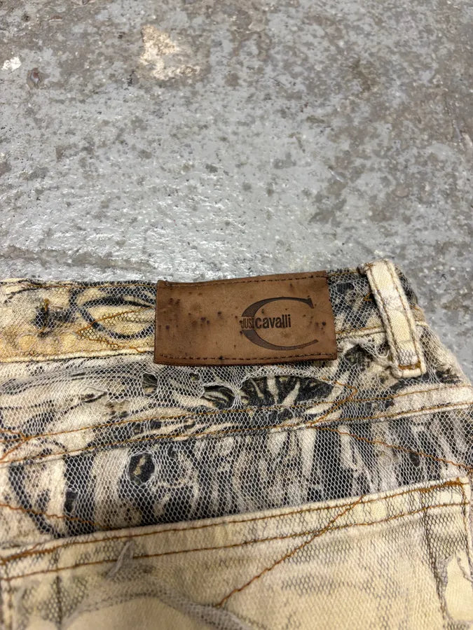 2000s Cavalli Beige Destructured Flowers Pants (S) yXUqaFR 7