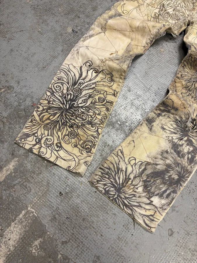 2000s Cavalli Beige Destructured Flowers Pants (S) yXUqaFR 8