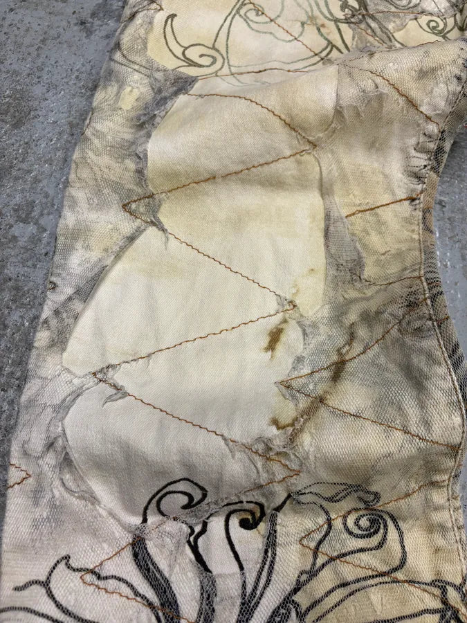 2000s Cavalli Beige Destructured Flowers Pants (S) yXUqaFR 9