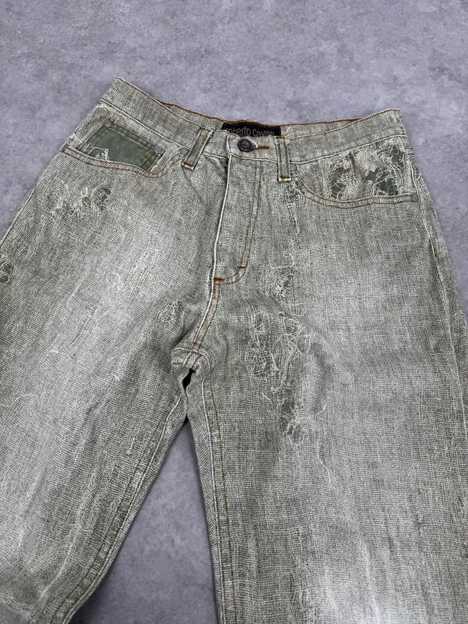 1990s Roberto Cavalli Green Distressed Net Trompe L’Oeil Pants qdufeLX 5