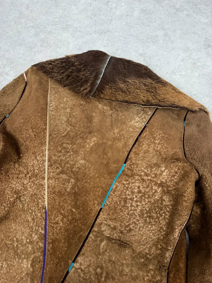 2000s Cavalli Beige Fur Collar Leather Eroded Long Jacket IBiDlxn 5