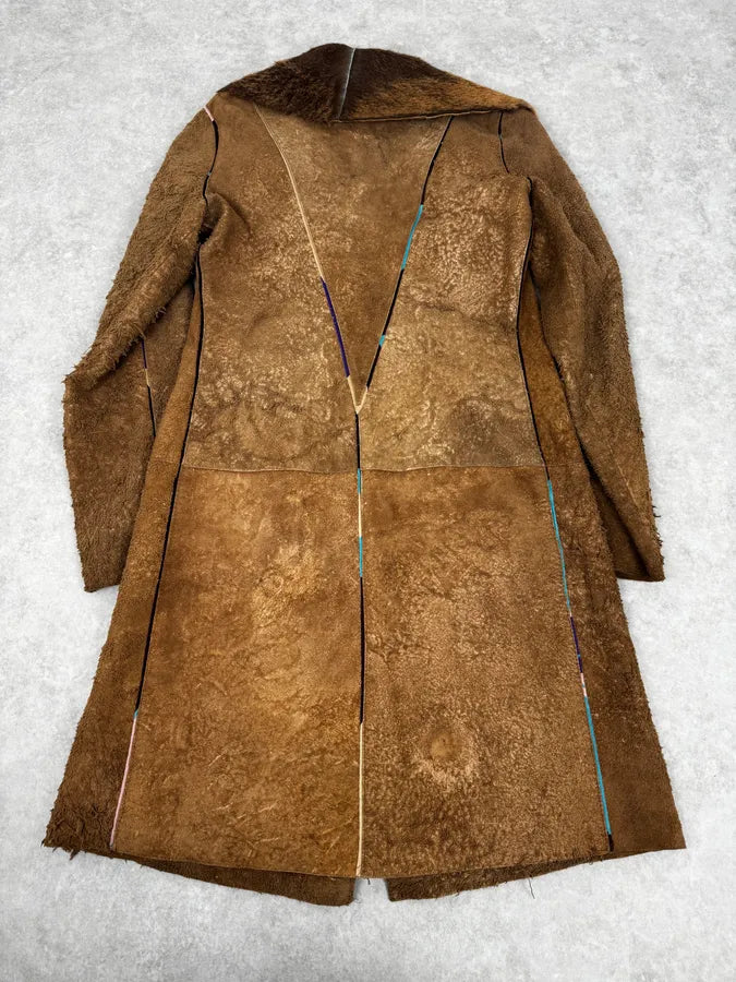 2000s Cavalli Beige Fur Collar Leather Eroded Long Jacket IBiDlxn 3