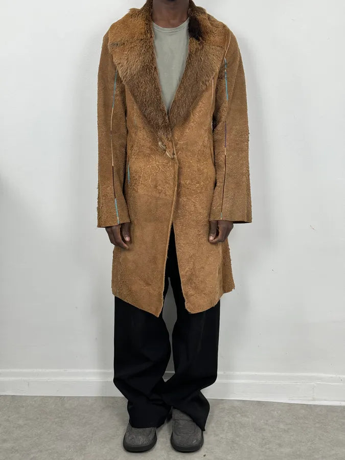 2000s Cavalli Beige Fur Collar Leather Eroded Long Jacket IBiDlxn 1