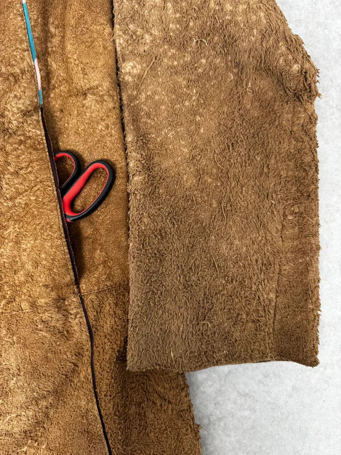 2000s Cavalli Beige Fur Collar Leather Eroded Long Jacket IBiDlxn 7