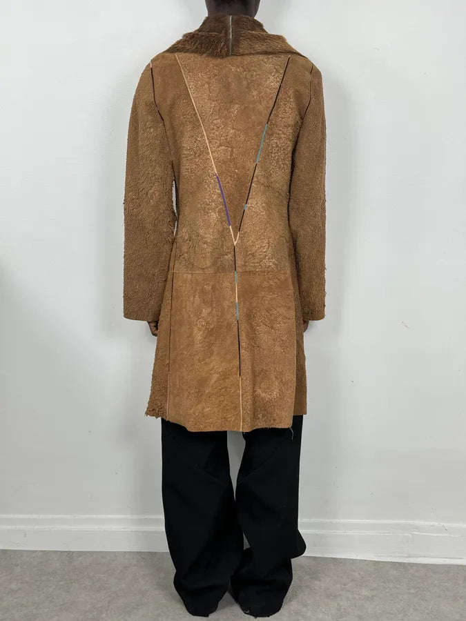 2000s Cavalli Beige Fur Collar Leather Eroded Long Jacket IBiDlxn 2