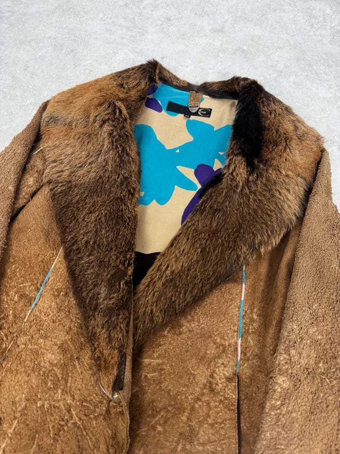 2000s Cavalli Beige Fur Collar Leather Eroded Long Jacket IBiDlxn 4