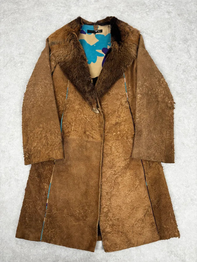2000s Cavalli Beige Fur Collar Leather Eroded Long Jacket IBiDlxn 0