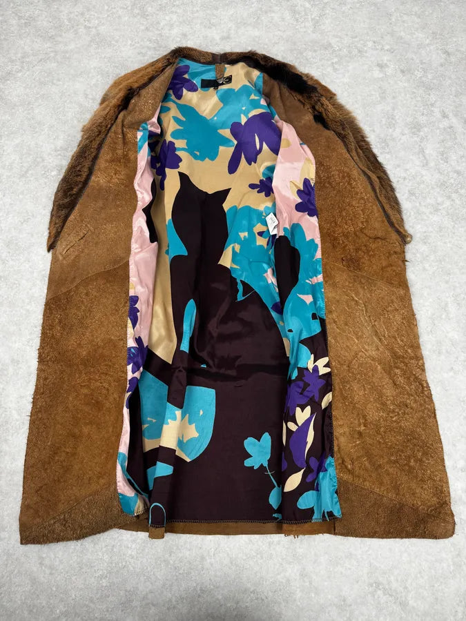 2000s Cavalli Beige Fur Collar Leather Eroded Long Jacket IBiDlxn 6