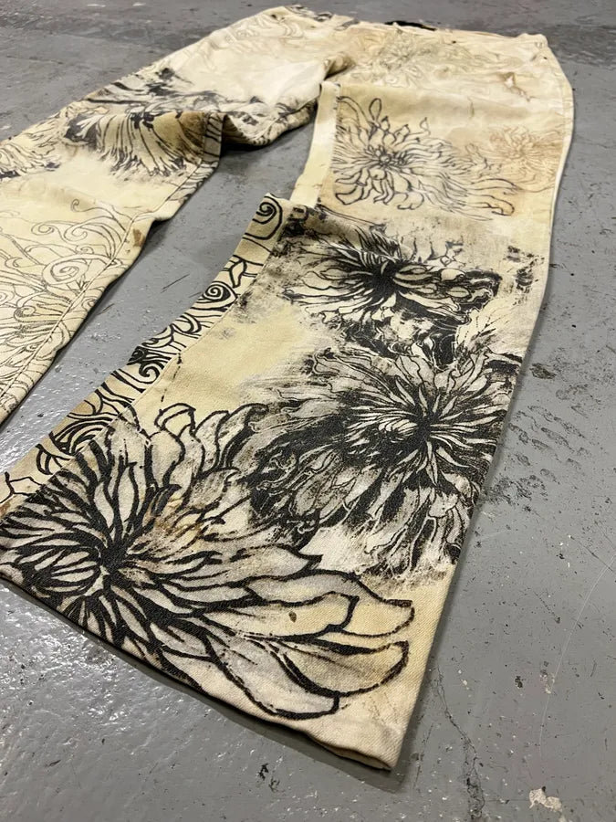 2000s Cavalli Beige Ink Flowers Pants HqLOfko 5