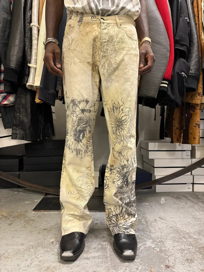 2000s Cavalli Beige Ink Flowers Pants HqLOfko 1
