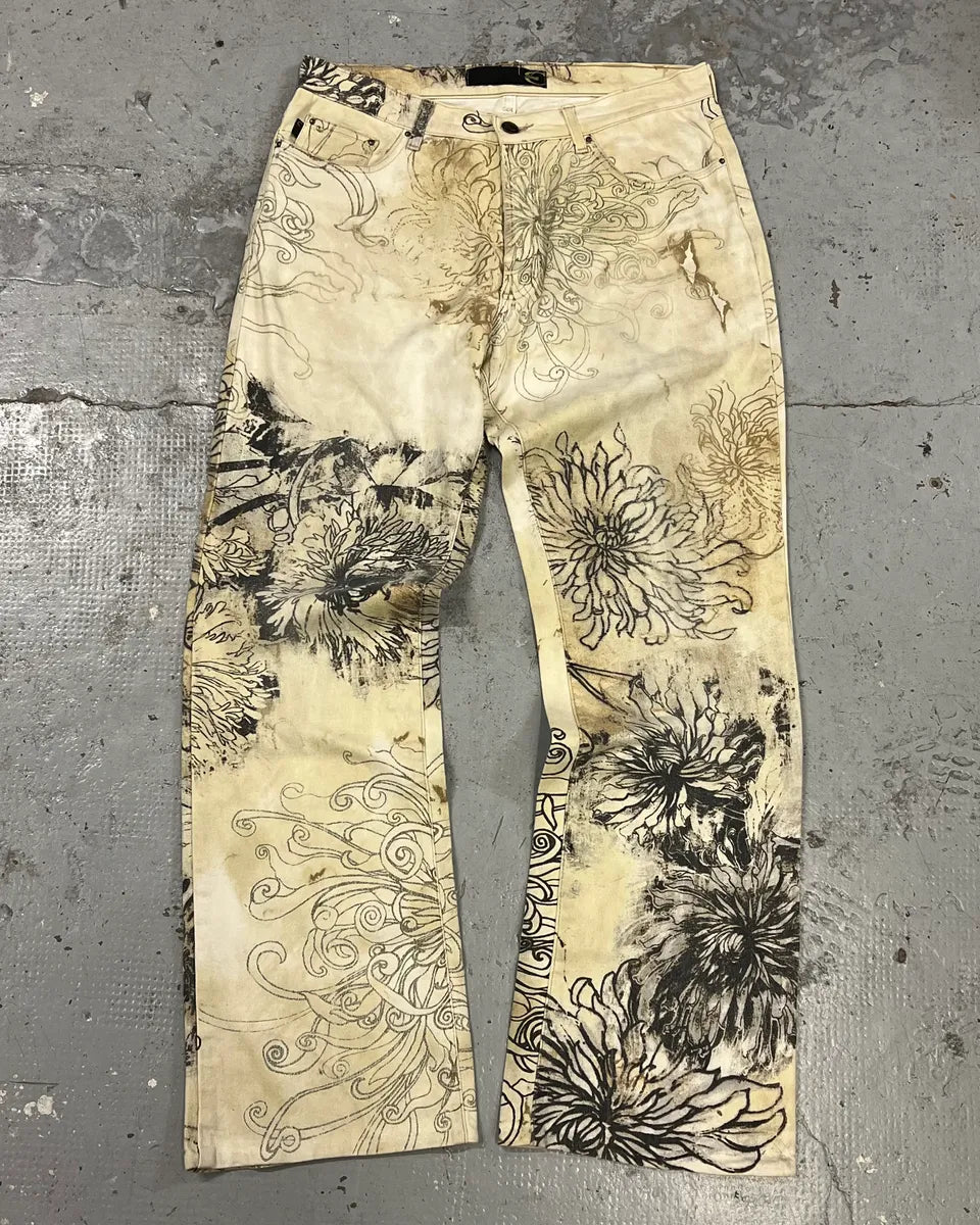 2000s Cavalli Beige Ink Flowers Pants HqLOfko 0