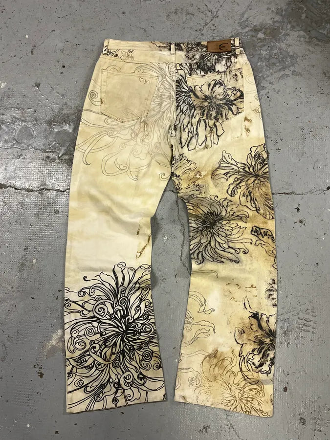 2000s Cavalli Beige Ink Flowers Pants HqLOfko 7