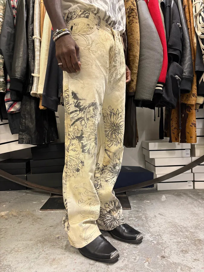 2000s Cavalli Beige Ink Flowers Pants HqLOfko 2