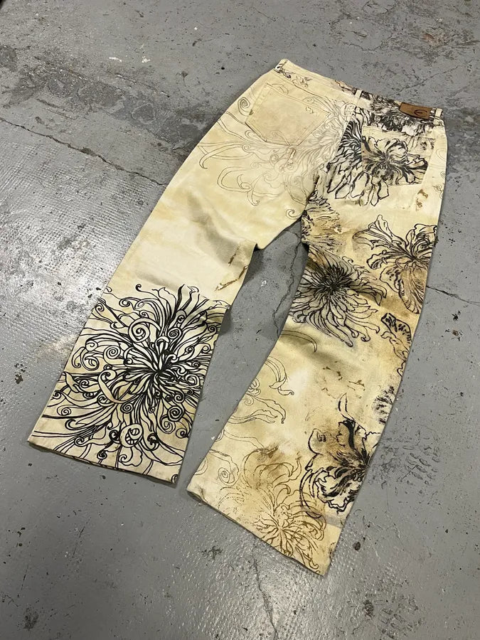 2000s Cavalli Beige Ink Flowers Pants HqLOfko 8