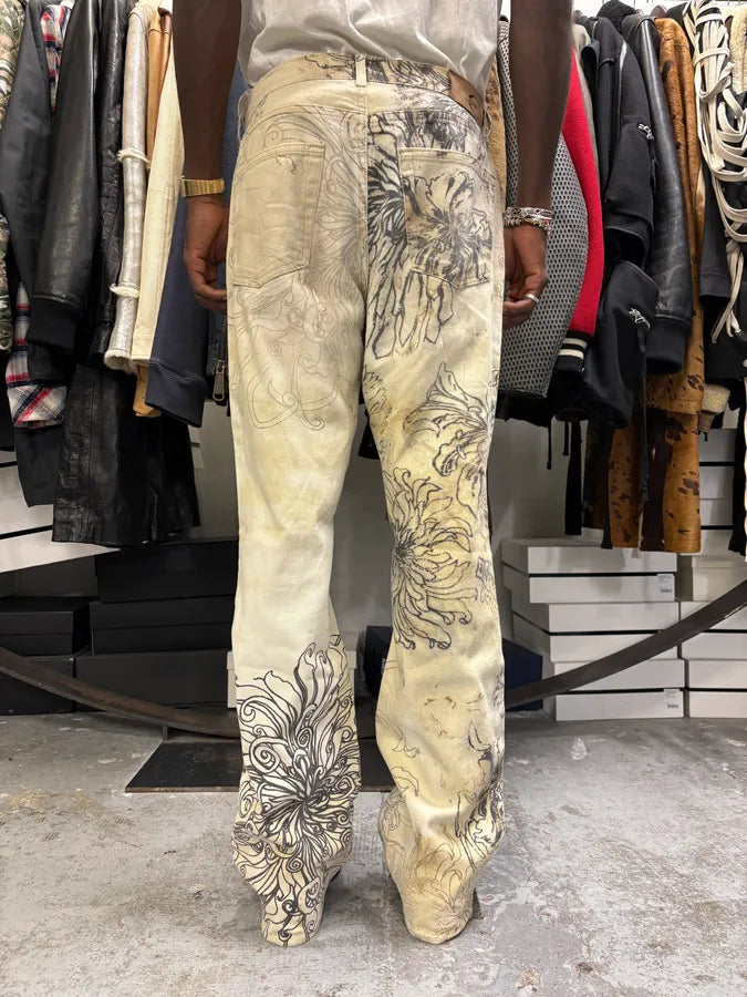 2000s Cavalli Beige Ink Flowers Pants HqLOfko 3