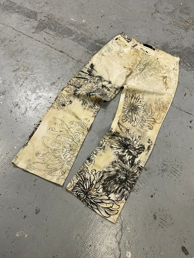 2000s Cavalli Beige Ink Flowers Pants HqLOfko 4