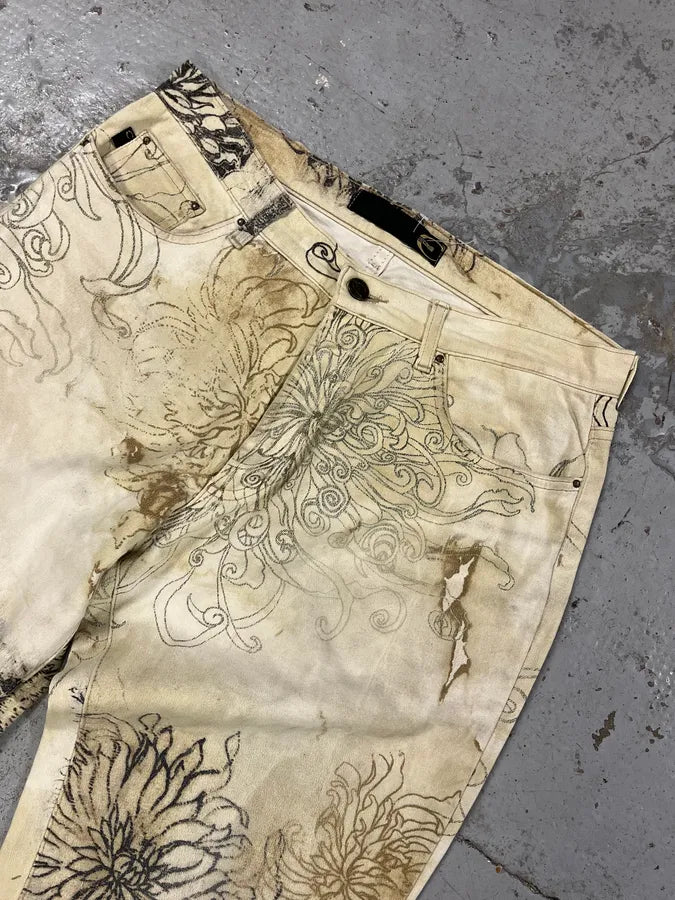 2000s Cavalli Beige Ink Flowers Pants HqLOfko 6