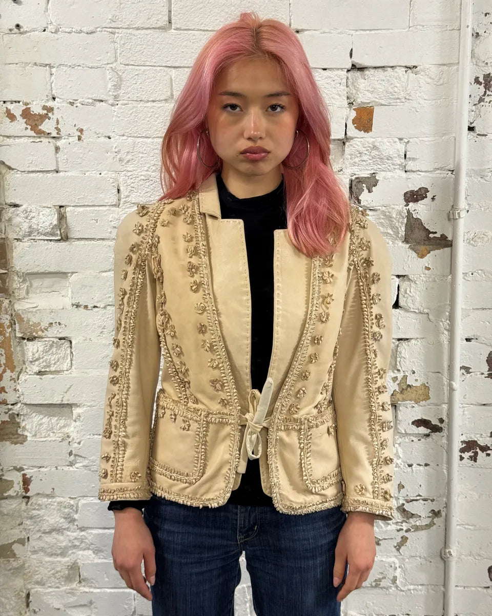2000s Cavalli Beige Leather Embroidered Jacket  kPhhRKD 0