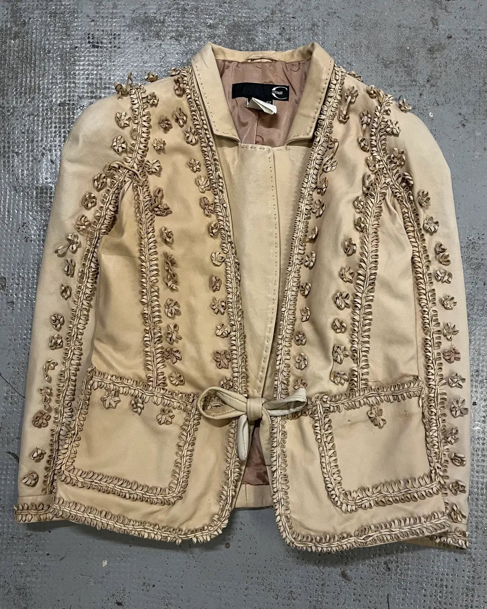 2000s Cavalli Beige Leather Embroidered Jacket  kPhhRKD 1