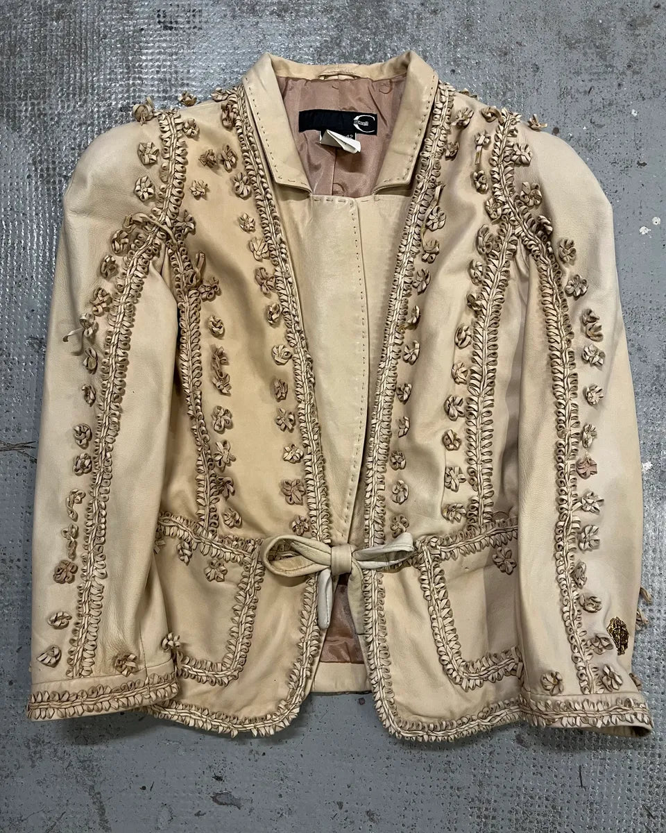 2000s Cavalli Beige Leather Embroidered Jacket  kPhhRKD 3