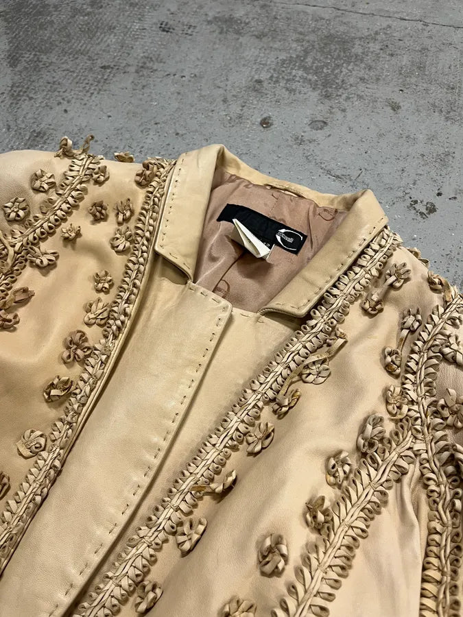 2000s Cavalli Beige Leather Embroidered Jacket  kPhhRKD 4