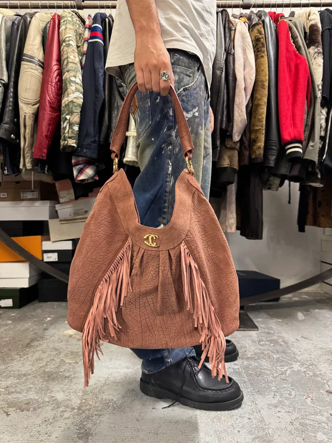 2000s Cavalli Beige Leather Fringe Handle Bag HnWJxdA 1