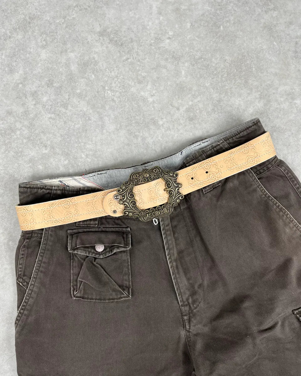 2000s Cavalli Beige Royal Buckle Leather Belt fHLLgxr 0
