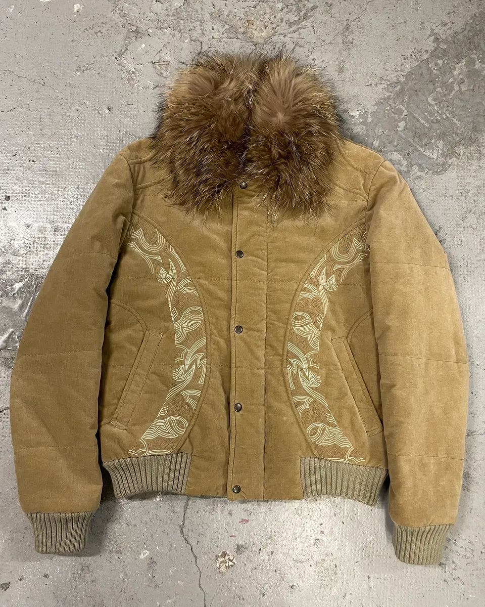 2000s Cavalli Beige Tribal Fur Collar Velvet Jacket (M/L) 0
