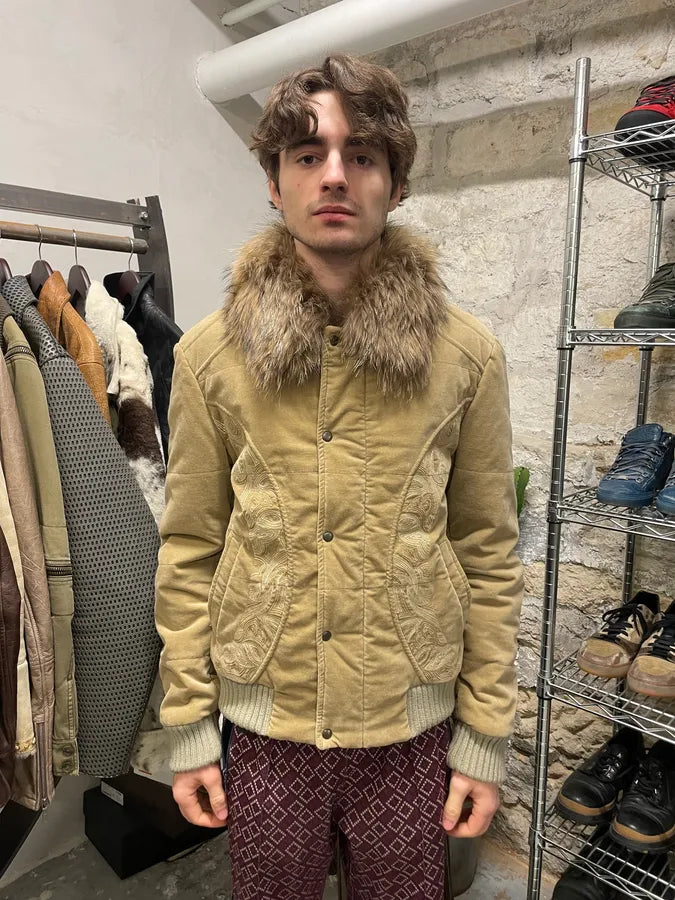 2000s Cavalli Beige Tribal Fur Collar Velvet Jacket (M/L) 1