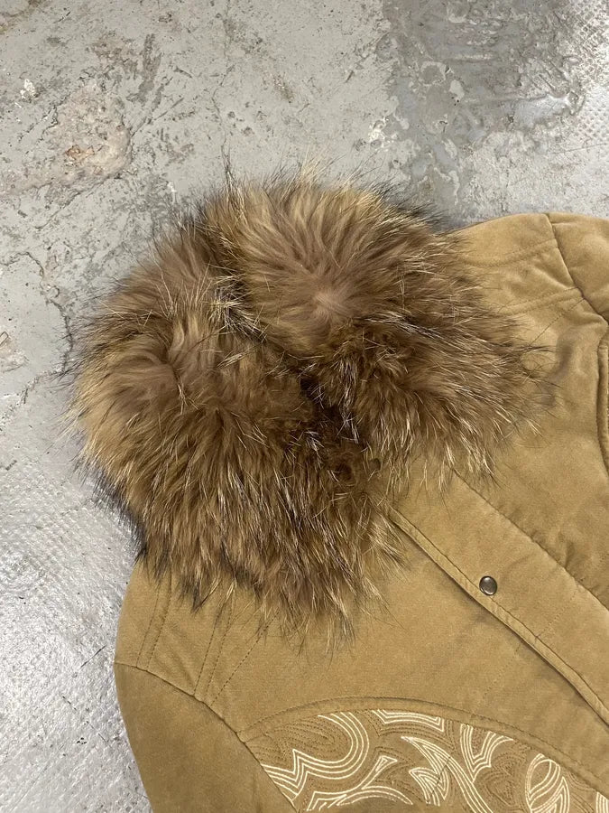 2000s Cavalli Beige Tribal Fur Collar Velvet Jacket (M/L) 4