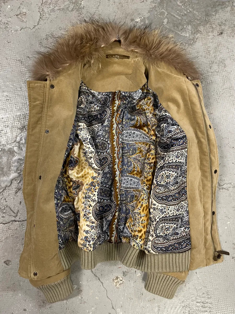 2000s Cavalli Beige Tribal Fur Collar Velvet Jacket (M/L) 5