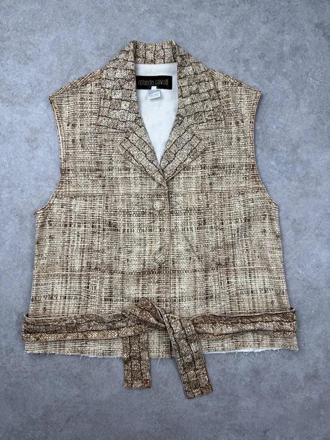 2000s Roberto Cavalli Beige Trompe l’Oeil Canvas Belted Vest GPLyiER 0