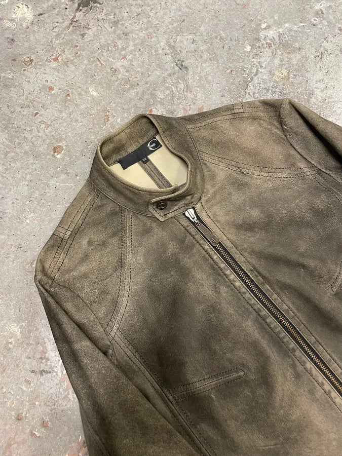 2000s Cavalli Biker Distressed Grey Leather Jacket (L) XYwzzCH 4