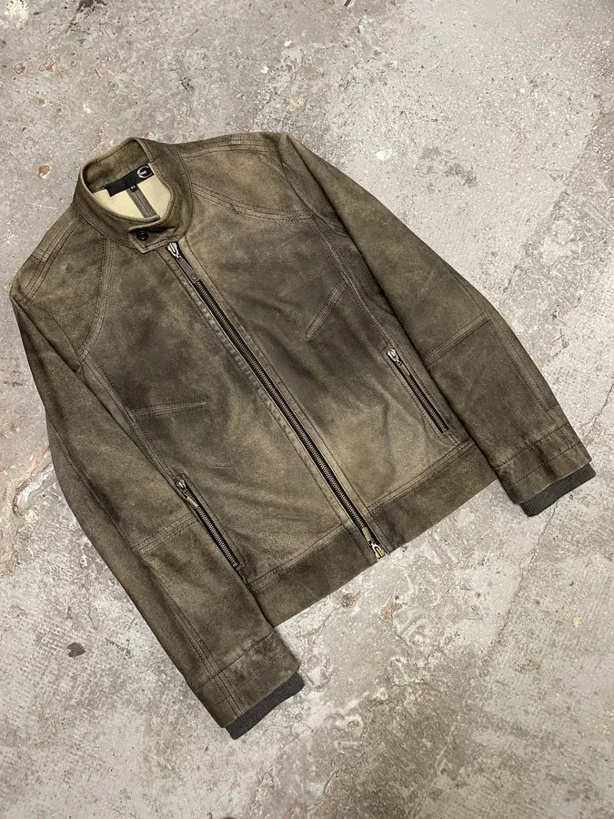 2000s Cavalli Biker Distressed Grey Leather Jacket (L) XYwzzCH 5