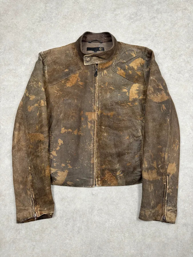 2000s Cavalli Biker Grey Brown Eroded Leather Jacket kYAqRik 0