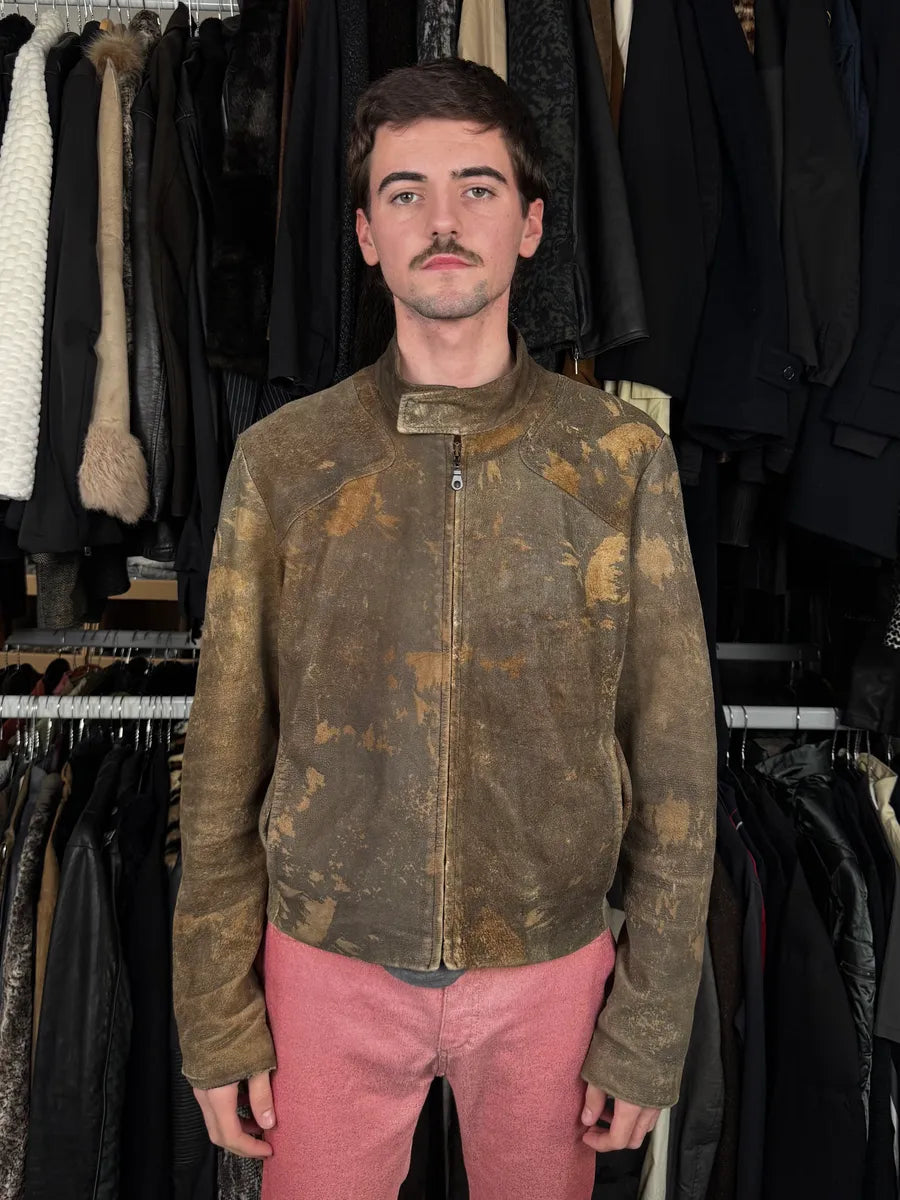 2000s Cavalli Biker Grey Brown Eroded Leather Jacket kYAqRik 1