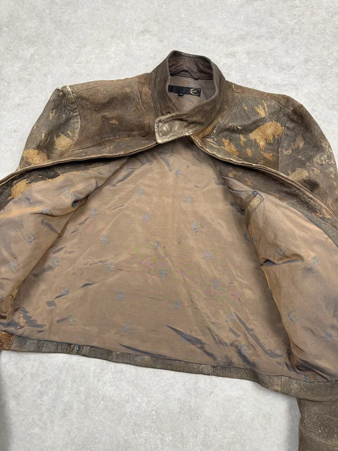 2000s Cavalli Biker Grey Brown Eroded Leather Jacket kYAqRik 11