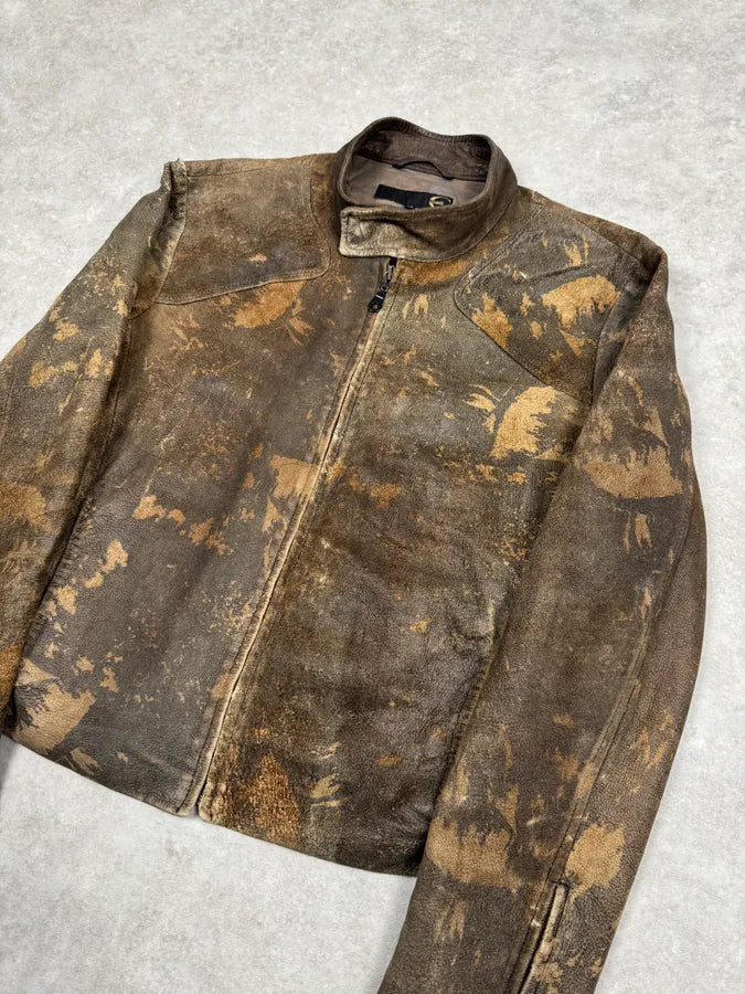 2000s Cavalli Biker Grey Brown Eroded Leather Jacket kYAqRik 2