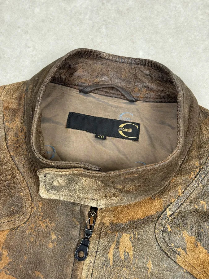 2000s Cavalli Biker Grey Brown Eroded Leather Jacket kYAqRik 6