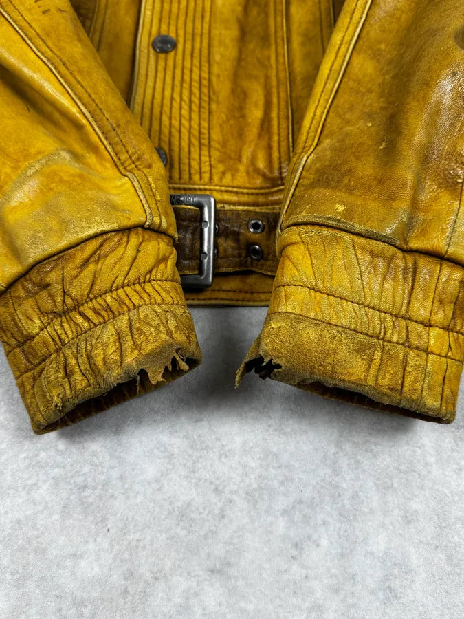 2000s Cavalli Biker Raw Brut Brown Yellow Leather Jacket RKOIsJT 9