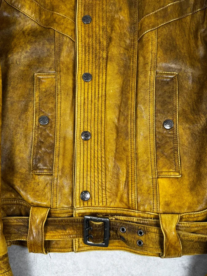 2000s Cavalli Biker Raw Brut Brown Yellow Leather Jacket RKOIsJT 7